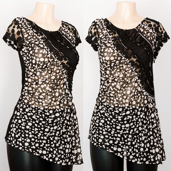 Black Taupe Mix Media Lace Asymmetric Tunic Top - Picture 2 of 8
